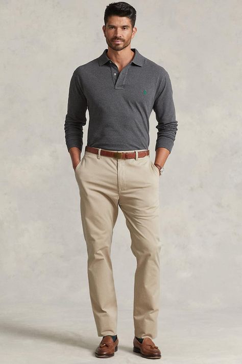 Gray And Khaki Outfit, Grey And Khaki Outfit, Grey Polo Outfit Men, Long Sleeves Outfit Men, Khaki Pants Outfit Men, Gray Shirt Outfit, Grey Dress Shirt, Polo Outfit Men, Long Sleeve Shirt Outfits