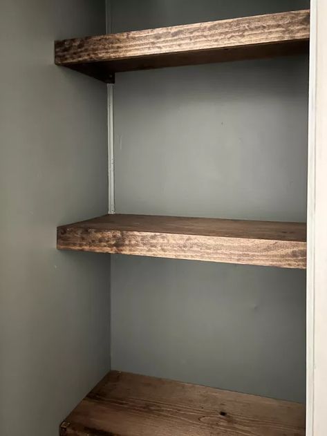 Easy Diy Shelves, Hall Closet Makeover, Upstairs Addition, Game Closet, Living Room Bookshelf, Easy Shelves, Built In Buffet, Split Entry, Grey Shelves