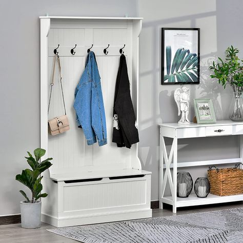 Amazon.com: HOMCOM 71" 3-in-1 Hall Tree Storage Bench and Coat Rack with 5 Steel Double Hooks, and Anti-Topple Anchor for Entryway, White : Home & Kitchen Bench With Coat Rack, White Hall Tree, White Coat Rack, Hall Tree Storage Bench, Hall Tree Bench, Entryway Hall Tree, Coat Rack With Storage, Entryway Hall, Hall Tree With Storage