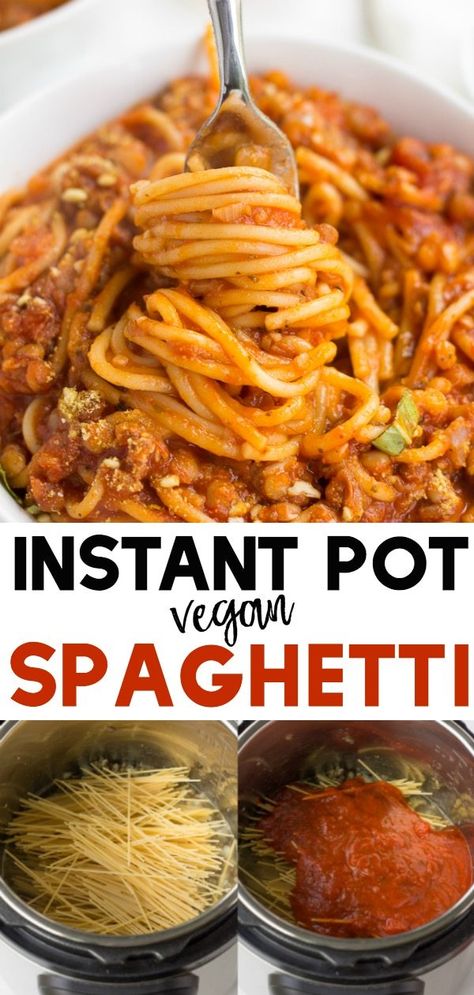 Instant Pot Spaghetti with vegan lentil "meat". Easy dinner ready in 20 minutes! #vegan #plantbased #pasta Vegan Instapot Recipes, Lentil Meat, Instant Pot Spaghetti Recipe, Recipes Instapot, Instant Pot Spaghetti, Instant Pot Vegan, Vegan Spaghetti, Vegan Instant Pot Recipes, Vegetarian Instant Pot