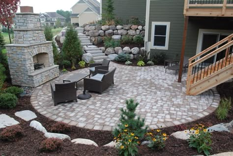 Retaining wall/stairs leading to patio below by walkout and deck stairs - Heins Nursery Deck Stairs Ideas, Walkout Basement Patio, Stairs Ideas, Stone Steps, Deck Stairs, Walkout Basement, Decks Backyard, House With Porch, Patio Interior