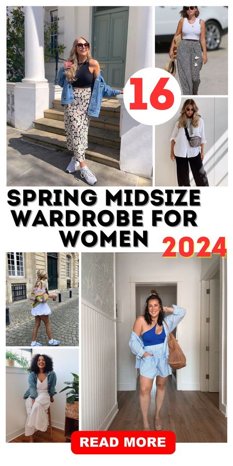 Welcome spring with the ultimate fashion statement: our Spring Midsize Wardrobe 2024. This collection is all about celebrating the midsize figure with stylish, comfortable, and versatile pieces. From cozy knitwear to light outerwear, each item is tailored to fit and flatter. Build your dream spring capsule wardrobe and step out in style. Summer Style 2024 Mid Size, 2024 Outfits Plus Size, Midsize Summer Capsule Wardrobe, Summer Mom Outfits 2024 Midsize, Midsize Style 2024, Mid Weight Fashion, Summer Clothes For Plus Size Women, Curvy Spring Fashion, Midsize Leggings Outfit Summer