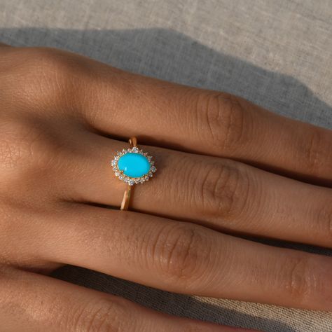 Excited to share the latest addition to my #etsy shop: Natural Blue Turquoise Engagement Ring in 14k Yellow Gold/Oval Turquoise with Diamond Halo/Unique Engagement Ring/Gift For Her/Bridal Ring https://etsy.me/3mG5DUE #rosegold #oval #straight #halo #artdeco #no #blue Engagement Rings Turquoise Diamond, Gold Band Engagement Rings, Turquoise Engagement Ring, Turquoise Diamond Rings, Turquoise Ring Engagement, Pretty Engagement Rings, Oval Jewelry, Turquoise Gold Ring, Unique Engagement Ring