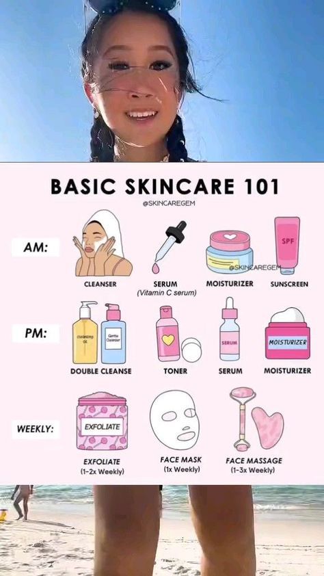 Basic Skincare 101 Daily Skin Care Routine For Oily Skin, The Best Skincare Routine, Cheap Skin Care Products For Acne, Simple Skincare Routine For Beginners, Face Care Routine Products, Skincare For Teenagers, Order Of Skin Care Products, Daily Skin Care Routine Steps, Skin Care For Kids