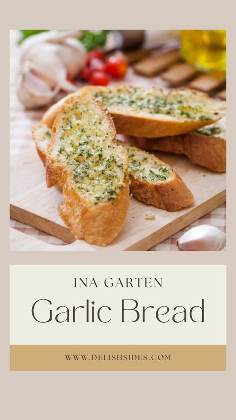 The pin showcases a tantalizing image of Ina Garten's Garlic Bread. The bread is beautifully toasted and glistening with a golden-brown crust, while the garlic butter spread melts enticingly into each slice. The image captures the irresistible appeal of freshly baked garlic bread, inviting viewers to imagine the aroma and taste. Ina Garden Garlic Bread, Ina Garten Garlic Bread, Grilled Garlic Bread, Garlic Bread Spread, Pasta Soups, Giada De Laurentiis Recipes, Garlic Spread, Infused Butter, Ina Garten Recipes