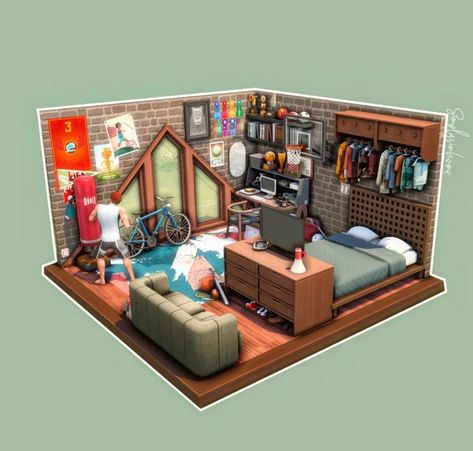 Sims 4 Sporty Bedroom, Sims 4 Attic Bedroom, Sims 4 Teen Boy Room, Sims4 Bedroom Ideas, Teen Room Sims 4, Teen Bedroom Sims 4, Sims 4 Boys Room, Sims 4 Basement, Sims 4 Teen Room