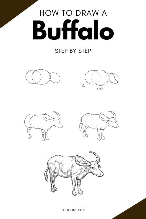 How to Draw a Realistic Buffalo | 5 Easy Steps - Jae Johns How To Draw A Buffalo, Carabao Drawing Easy, Carabao Drawing, Kertas Buffalo, Water Buffalo Drawing, Buffalo Drawing Easy, Buffalo Drawing, Buffalo Cartoon, Drawing Easy For Kids