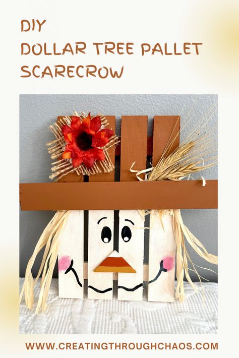 Dollar Tree Scarecrow Pallet - Creating Through Chaos Dollar Tree Fall Decor Diy Craft Ideas, Dollar Tree Scarecrow, Pallet Scarecrow, Pallet Craft, Wood Pallet Crafts, Crate Crafts, Small Pallet, Mini Crates, Christmas Bazaar