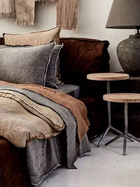 Fall Bedding, Bedroom Bliss, White Sheets, Leather Bed, Seasonal Home Decor, Remodel Bedroom, Rustic Interiors, Pure Linen, Earthy Tones