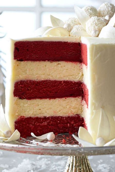 Red Velvet And White Chocolate Cake, Cheesecake And Red Velvet Cake, Gourmet Red Velvet Cake, Red Velvet Layer Cake Recipes, Red Velvet Cake With Cheesecake Layer, Layered Red Velvet Cake, Red Velvet And Cheesecake Layer Cake, Vanilla And Red Velvet Layer Cake, Red Velvet White Chocolate Cake