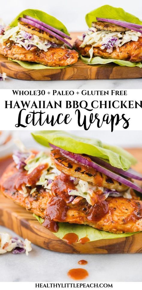 These Hawaiian Chicken Lettuce Wraps are the perfect sweet and savory wrap that has a chicken breast drenched in homemade BBQ sauce, grilled pineapples, red onions and ranch coleslaw. #whole30recipes #whole30 #paleo #paleorecipes #lettucewraps #paleobbqsauce @bbqsauce @bbqchicken Ranch Coleslaw, Hawaiian Grilled Chicken, Chicken Hawaiian, Healthy Little Peach, Lettuce Wraps Healthy, Homemade Bbq Sauce, Hawaiian Bbq, Clean Eating Lunch, Lettuce Wrap Recipes