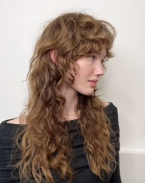 Super Curly Hair With Bangs, Shaggy Curly Hair Blonde, Ethereal Haircut, Curly Hair Mullet Long, Elvish Shaggy Mullet, Fairy Shag Haircut, Curly Hair Jellyfish Haircut, Soft Mullet Long Hair, Wavy Alt Hair