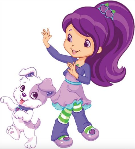 Plum Pudding dancing with her puppy dog, PitterPatch from Strawberry Shortcake Plum Pudding Strawberry Shortcake, Movie Character Ideas, Strawberry Shortcake Pictures, June Zodiac, Strawberry Shortcake Costume, Purple Strawberry, Berry Shortcake, Disney Princess Facts, Strawberry Shortcake Cartoon