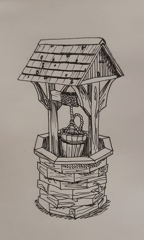 Water Well Tattoo, Wishing Well Drawing, Wishing Well Tattoo, Cottage Drawing Simple, Well Sketch, Watercolour Houses, Comic Elements, Well Drawing, Pond Drawing