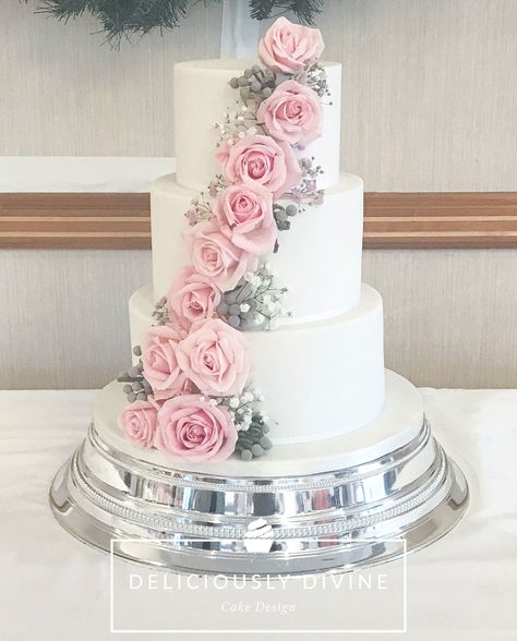 A three tier traditional wedding cake with flower cascade. Completed with real flowers in a grey and blush pink colour scheme. This cake was gifted as via the 'Gift of a wedding' charity, who help those with terminal illness. The real flowers to add to the natural but polished finish. Made for a November wedding but perfect any time of the year. Contact me now for more information on your wedding cake. for all you Warwickshire, Leicestershire, Coventry and Blush Pink And Grey Wedding Cake, Grey And Pink Wedding Cake, Pink And Grey Wedding Ideas, Wedding Cake Pink Flowers, Grey And Pink Wedding, Pink And Gray Wedding, Pink And Grey Wedding, Flower Cascade, Mauve Wedding Colors