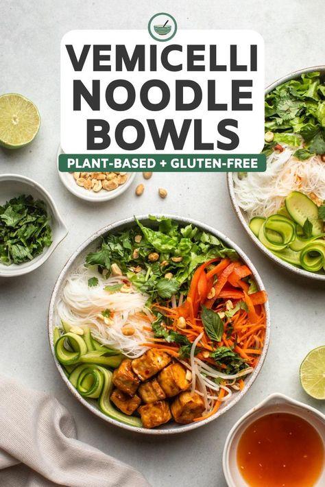 These Vermicelli Noodle Bowls are veggie-packed, popping with color, and come together in under 30 mins. The perfect light, yet filling lunch or dinner for those warm-weather days. Vegan & Gluten-Free. Vegetarian Fish Sauce, Vegan Vietnamese, Healthy Vegan Dinner Recipes, Healthy Vegan Dinner, Filling Lunch, Vermicelli Noodles, Vegan Pasta Recipes, Vegan Lunches, Vegan Bowls