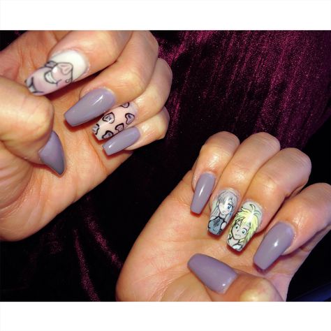 Anime nails, Seven Deadly Sins, Coffin Shaped, Meliodas, Elizabeth, and Hawk. Seven Deadly Sins Nail Art, Seven Deadly Sins Nails, Anime Nails Acrylic, 7 Deadly Sins Anime, Anime Nail Art, Nike Nails, Anime Nail, Mini Canvases, Anime Nails