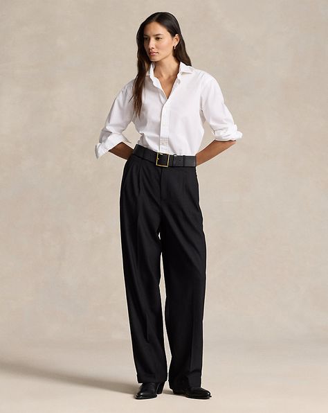 Black Trousers Outfit, Long Sleeve Shirt Outfits, White Tops Outfit, Black Pants Outfit, White Shirt Outfits, Trouser Outfit, Long Sleeve Outfits, Black And White Aesthetic, Pantalon Large