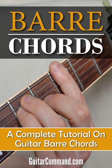 Guitar barre chord being played on guitar fretboard, with overlaid title text. Bar Cords Guitar, Bar Chords Guitar Charts, Guitar Bar Chords, Barre Chords Guitar Charts, Basic Guitar Chords Chart, Mandolin Chords, Caged System, All Guitar Chords, Barre Chords