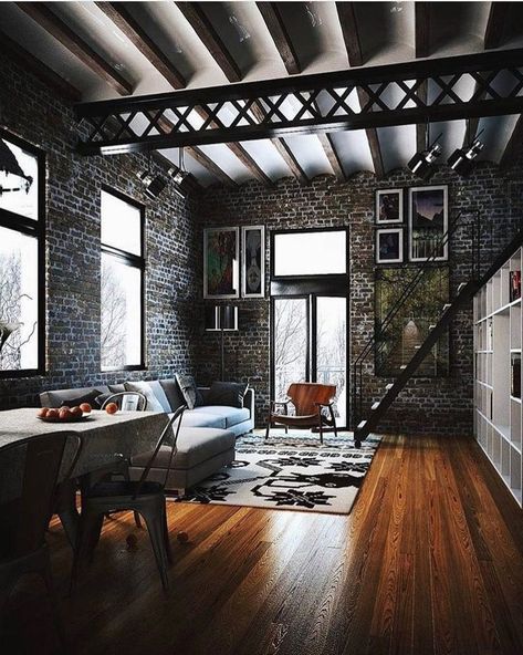 Exposed beams and dark brick in this industrial living room design Industrial Loft Design, Vintage Industrial Decor, Barndominium Floor Plans, Industrial Livingroom, Loft Living, Loft Design, Studio Apartment Decorating, Natural Home Decor, Industrial House