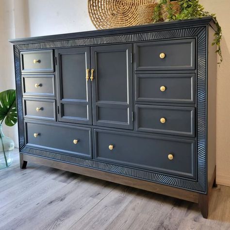 Holly Klaus | Blend Furniture Studio on Instagram: "Yesterday I posted some gorgeous nightstands we recently custom finished for a customer. Today, a look at their sister! Absolutely gorgeous large scale dresser with so much storage. These pieces were claimed and customized by two different clients in very similar styles! Saskia chose a deep slate blue color, so we mixed up charcoal and navy to achieve this moody tone (Behr Midnight Blue and Carbon Copy). We added a blend of new brushed gold k Midnight Blue Furniture, Behr Midnight Blue, Behr Midnight, Blue Credenza, Carbon Copy, Furniture Studio, Furniture Flip, Blue Furniture, Flipping Furniture