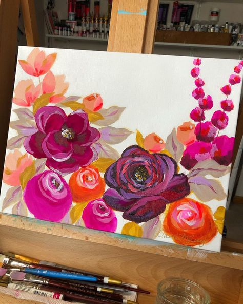 Easy Floral Painting Acrylic Step By Step, Acrylic Floral Paintings On Canvas, Painting Acrylic Flowers, Family Canvas Painting, Flowers Painting Acrylic, Floral Canvas Painting, Acrylic Painting Flowers, Small Canvas Paintings, Abstract Flower Art