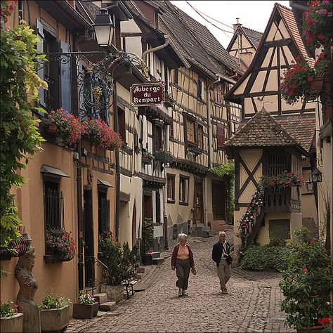 Paseo - n. 1. A leisurely stroll. 2. A place or path designed for walking. 3. A street or boulevard.      A.Word.A.Day (August 8, 2011) European Town, Cobblestone Street, German Houses, European Village, German Village, Medieval Village, Alsace France, Chateau France, Medieval Town