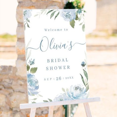 $50.55 | Dusty blue floral bridal shower welcome sign - watercolor botanical floral leaves, modern rustic winter greenery foliage, summer country botanical garden, simple romantic spring garden wedding, beach dusty blue sage green, minimalist stylish calligraphy script, typography, elegant rustic boho floral wedding, floral bridal shower welcome sign Weddind Shower Uk, New Beginnings Bridal Shower, Bridal Shower Themes Tiffany Blue, Flowers For Bridal Shower In December, Blue Hydrangea Flowers, Bridal Shower Sign, Shower Foam, Blue Bridal Shower, Wedding Options