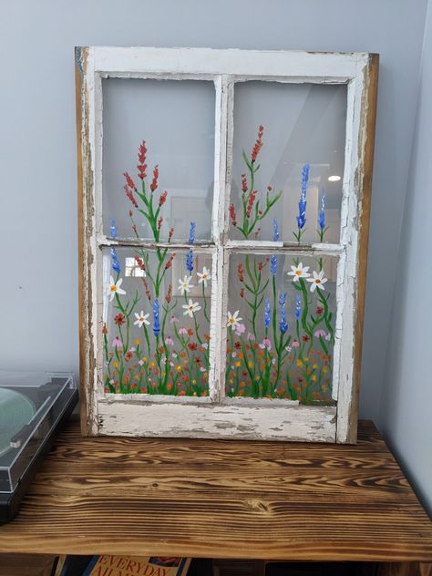 Paint Glass Windows Ideas, Painted Vintage Windows, Window Seal Painting, Window Pane Painting Ideas, Flowers Painted On Glass Window, Painting Glass Windows Diy Ideas, Painting Ideas On Windows, Old Window Painting Ideas, Window Pane Painting