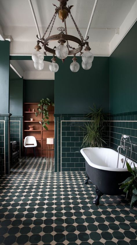 Discover 18 inspiring renovation ideas for moody vintage bathrooms. Create a blend of dark tones, retro fixtures, and antique accessories that redefine elegance in your space. 1920s Modern Bathroom, Unique Bathroom Colors, 50s Bathroom Tile, Color Drench Bathroom, Dark Master Bath, 1930s Bathroom Ideas, Jewel Tone Bathroom, Retro Light Fixtures, 60s Bathroom