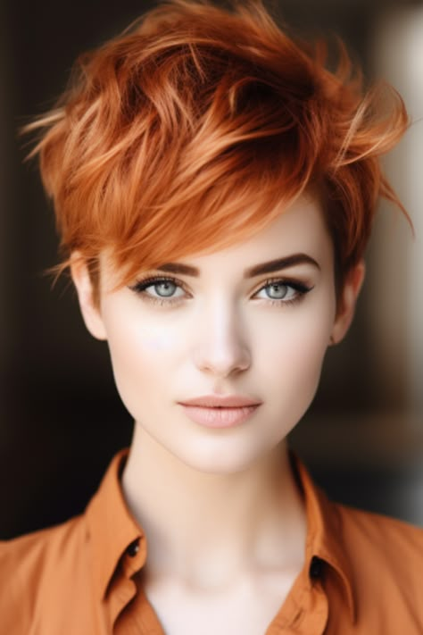 Light copper pixie offers a soft, inviting shade that perfectly complements a pixie cut. Best for fair skin tones, this color adds a youthful glow. Click here to check out more gorgeous red hair color ideas trending in 2023. Short Strawberry Red Hair, Cowboy Copper Pixie Hair, Redheads With Short Hair, Short Hair Dark Red, Cowboy Copper Pixie, Dark Red Pixie, Pixie Copper Hair, Red Hair Pixie, Red Hair Fashion