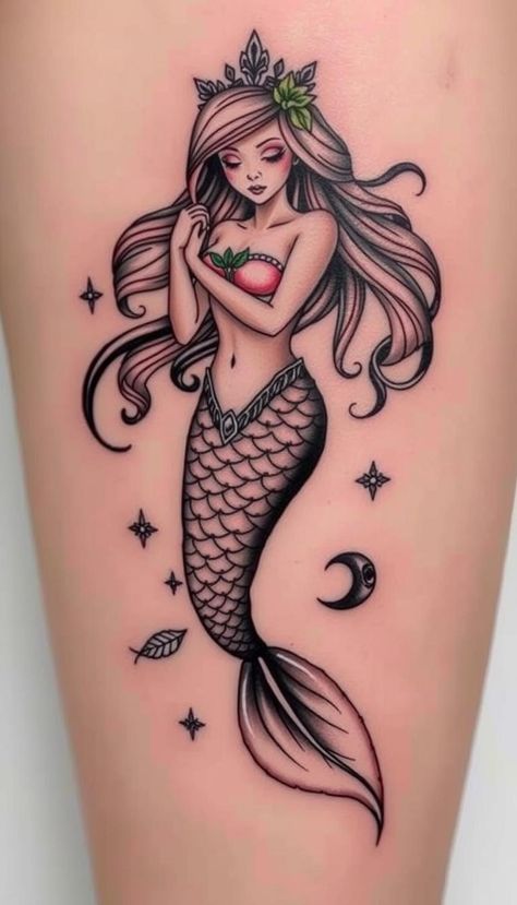 Get inspired by Neo Traditional mermaid tattoo ideas that bring mythical beauty to life with modern artistry. Ideal for those who want a tattoo that’s both enchanting and bold. Mermaid Tattoo On Forearm, Mermaid Upper Arm Tattoo, Sailor Mermaid Tattoo, Neo Traditional Mermaid Tattoo, Neo Traditional Mermaid, Pinup Mermaid Tattoo, Mermaid Tattoo Drawing, Mermaids Tattoo, Mythical Tattoos