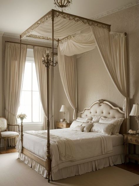 Add a touch of elegance to your bedroom with Victorian-inspired wall art, such as ornate frames with vintage portraits or delicate floral prints. Complete the look with a luxurious canopy bed and antique furniture pieces for a truly regal ambiance. Glamorous Bedroom Decor, Taupe Bedroom Ideas, Bnb Ideas, Glamorous Bedroom, Taupe Bedroom, Bed Drapes, Castle Bed, Bedroom Design Styles, Castle Bedroom