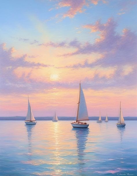 sun, waves, yacht , sunlight A mesmerizing oil painting, evoking the essence of Claude Monet's style, captures a serene seascape with sailboats gently drifting on a tranquil sea. The sky, painted in soft pastel turquoise hues, features delicate clouds reflecting a warm, golden sun. The sailboats, adorned with opal-colored sails, catch the light and create a shimmering, otherworldly effect. The artist's loose, impressionistic brushstrokes echo Monet's signature style, while the composition channels the maritime mastery of Ivan Aivazovsky. This enchanting artwork transports the viewer to a moment of peace and tranquility on the open sea, encapsulating the beauty of nature and the power of art. How To Paint Sunlight, Sea And Sky Painting, Pastel Sunset Painting, Pastel Sky Painting, Paintings Of Sunsets, Sun Through Clouds, Sunset Sea Painting, Sailboat Painting Acrylic, Sea Painting Acrylic