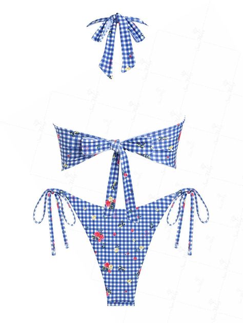 Seamolly Gingham Floral Printed Halter Tie Side Chic Tankini Set Bright Swimsuit, Floral Swimwear, Neon Bikinis, Swim Suits, Tankini Set, Recycled Fabric, Lace Tops, Floral Printed, Deep Blue