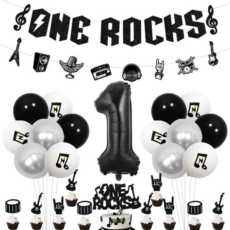 PRICES MAY VARY. Happy one rocks birthday: Our rock 1st birthday decorations for kids are designed with a rock and roll theme, featuring cool black and white colors, cute guitar shapes, and bold typography in the "ONE ROCKS" slogan. It's perfect for people who love music and rock 'n' roll! Unique rock theme design: The cake topper features a black guitar with the words "ONE ROCKS" in bold letters. The garland is printed with a rock and roll theme, including guitar, tape, microphone and drums. Th Rock First Birthday, Rock And Roll 1st Birthday, One Rocks Cake, One Rocks First Birthday, 1st Birthday Decoration, Guitar Shapes, Born To Rock, Rockstar Birthday, Rockstar Birthday Party