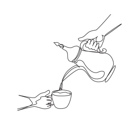 Single continuous line drawing hand pouring hot black coffee from traditional Arabic coffee pot into cup. Brewing coffee at family party. Stainless steel pot. One line draw design vector illustration Arabic Coffee Tattoo, Cute Coffee Cup Drawing, Arab Illustration, Arabic Coffee Pot, Pouring Coffee, Blind Contour Drawing, Brewing Coffee, Coffee Tattoos, Coffee Vector