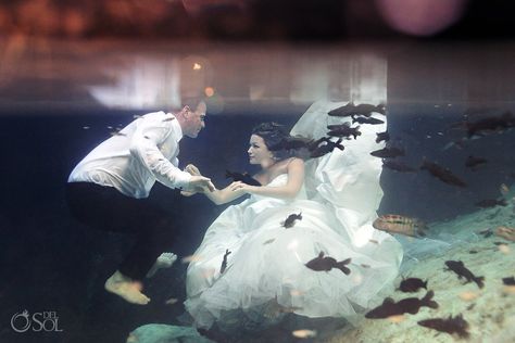 Cenote Trash The Dress shoot in the Riviera Maya, Mexico. Are you ready to be a mermaid bride?  Wedding photographers Del Sol Photography Crystal River Florida, Mermaid Bride, Underwater Portrait, Florida Springs, Unique Engagement Photos, Kind Of, Romantic Engagement Photos, Crystal River, Trash The Dress