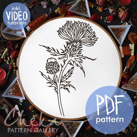 Thistle, a pattern for hand embroidery. Thistle flower with bud, botanical embroidery.  Modern Hoop Art, Thistle, Traditional Scottish Crest by ChekaPatternPDF on Etsy Embroidery Thistle, Thistle Embroidery, Embroidery Patterns Pdf, Scottish Crest, A4 Template, Embroidery Modern, Thistle Design, Botanical Embroidery, Thistle Flower