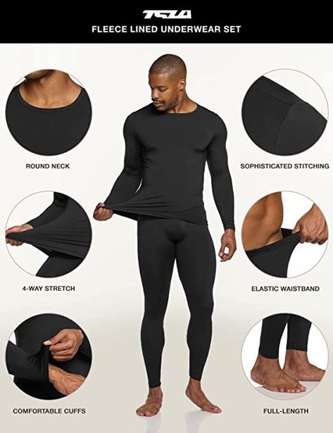 *Alert: True to size : Please follow the size examples below*(EX: Size "Large recommended" - Size for 6" 215 lbs.) (EX: Size "Medium" 5'9"165 lbs.) TSLA Thermal Underwear Series for warmth and soft touch. [Materials] Mix of Polyester & Elastine fabric is excellent mobility and moisture-wicking. [4-Way Stretch Fabric] It supports unrestricted movement. [Top & Bottom Set] Underwear set contains 1 Top and 1 bottom. Washing Tip : Wash separately before wearing. Mens Thermals, Long John, Long Johns, Snowboard Pants, Layer Top, 4 Way Stretch Fabric, Sport Wear, Men Winter, Base Layer