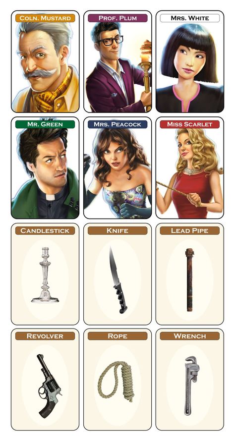 Clue Game Character Cards, Clue Bored Game, Clue Game Board Free Printable, Clue Character Cards, Clue Board Game Characters, Cluedo Board Game, Clue Board Game Costumes, Clue Cards Printable, Clue Board Game Printables