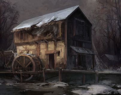 Watermill Concept Art, Flip Books Art, Game Design Illustration, Dnd Backgrounds, Thomas Shelby, Game Concept, Illustration Graphic Design, Post Apocalyptic, Dark Forest