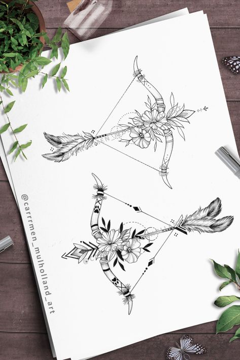 bow and arrow tattoo design with florals and leaves Tattoos For Friendship, Bow Arrow Tattoos, Bow And Arrow Tattoo, Cow Skull Tattoos, Archer Tattoo, Sagittarius Tattoo Designs, Arrow Tattoos For Women, Tattoo Over Scar, Sagittarius Tattoo