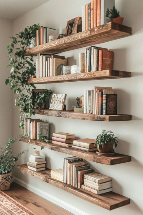 "DIY Floating Shelves: Maximize Space with Style! 🛠️✨" Transform your small space with these easy-to-make floating shelves! Perfect for adding storage and style without taking up floor space. 🏡🌿 #DIYFloatingShelves #SmallSpaceStorage #HomeDecorDIY #EcoFriendlyProjects #CreativeStorageSolutions Diy Counter Shelves, Shelf Spacing Guide Living Room, Living Room Shelves Floating, White And Wood Shelves, Shelf For Living Room Wall, How To Make Your Own Floating Shelves, Floating Shelves Floor To Ceiling, Clever Shelving Ideas, Book Storage In Small Bedroom