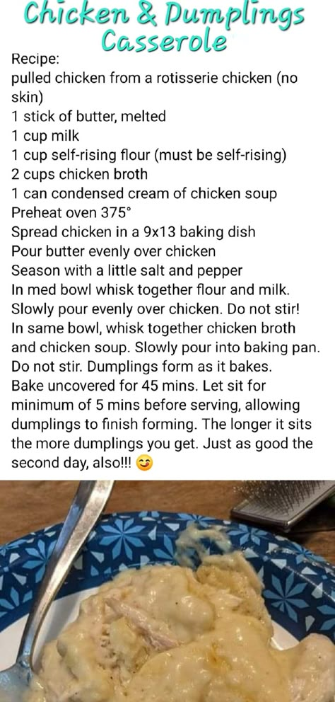 Chicken And Dumplings Made With Self Rising Flour, Cracker Barrel Chicken And Dumplings Recipe, Chicken And Dumplin Recipe, Easy Chicken Dumpling Recipes, Dumplin Recipe, Chicken Lickin, Chicken Dumplings Recipe, Meat Casserole, Chicken Recipes Boneless