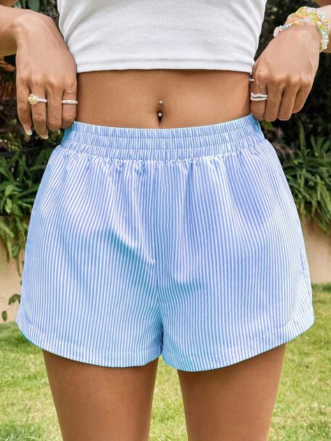 SHEIN EZwear Summer Blue Striped Casual Women's Shorts, Comfy ShortsI discovered amazing products on SHEIN.com, come check them out! Cute Comfy Shorts, Shorts Comfy, Women Shorts, Track Shorts, Summer Blue, Comfy Shorts, Short Waist, Mini Shorts, Striped Shorts