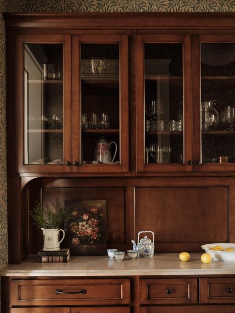 Historic New Construction - Peach + Pine Interiors Pantry Dining Room, Cabinet Styling, Dining Display, Colonial Revival Architecture, Bronze Light Fixture, English Wallpaper, Butler’s Pantry, Natural Stone Countertops, Butlers Pantry