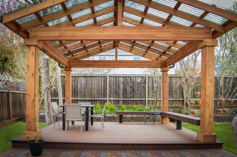 Let the amount of light in that works for you with SUNTUF roofing panels! Diy Pergola With Roof, Diy Pergola Roof, Gable Patio Cover, Gable Patio, Pergola Roof, Azek Decking, Polycarbonate Roof Panels, Corrugated Roofing, Building A Pergola