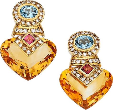 Multi-Stone, Diamond, Gold Earrings, Baten The earrings feature heart-shaped citrine  weighing a total of approximately 52.00 carats, enhanced by oval-shaped blue topaz weighing a total of approximately 2.20 carats, accented by square-cut tourmalines weighing a total of approximately 0.65 carat, complemented by full-cut diamonds weighing  0.95 carat, set in 18k gold, marked Baten. Gross weight 26.60 grams. Earrings Gold Design, Luxury Colors, Diamond Gold Earrings, Diamonds Earrings, Contemporary Ring, Gold Diamond Jewelry, Diamonds And Gold, Holiday Jewelry, Diamond Gold