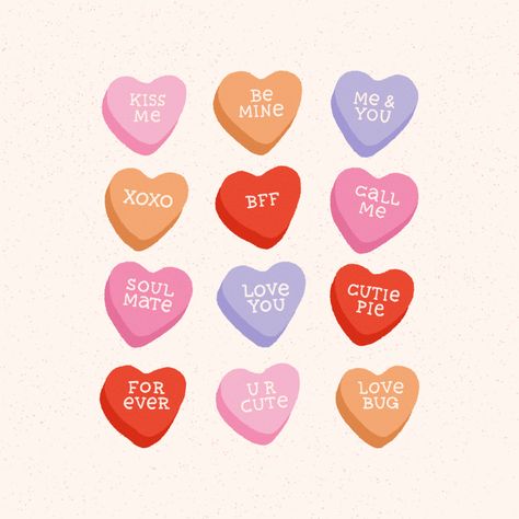 Candy Hearts Illustration, Valentines Day Packaging, Candy Tattoo, Sweetheart Candy, Candy Drawing, Valentine's Day Illustration, Phone Widget, Kisses Candy, Valentines Illustration